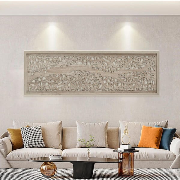 Bulda 36 in. x 12 in. Off White Handmade Carved Floral Art Wall Decor Wall Sculptur by Wooden Wall Art