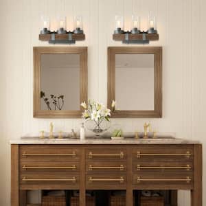 3-Light Silver Farmhouse Transitional Chestnut Wood Vanity Light Decorative Seeded Glass Wall Sconce LED Compatible