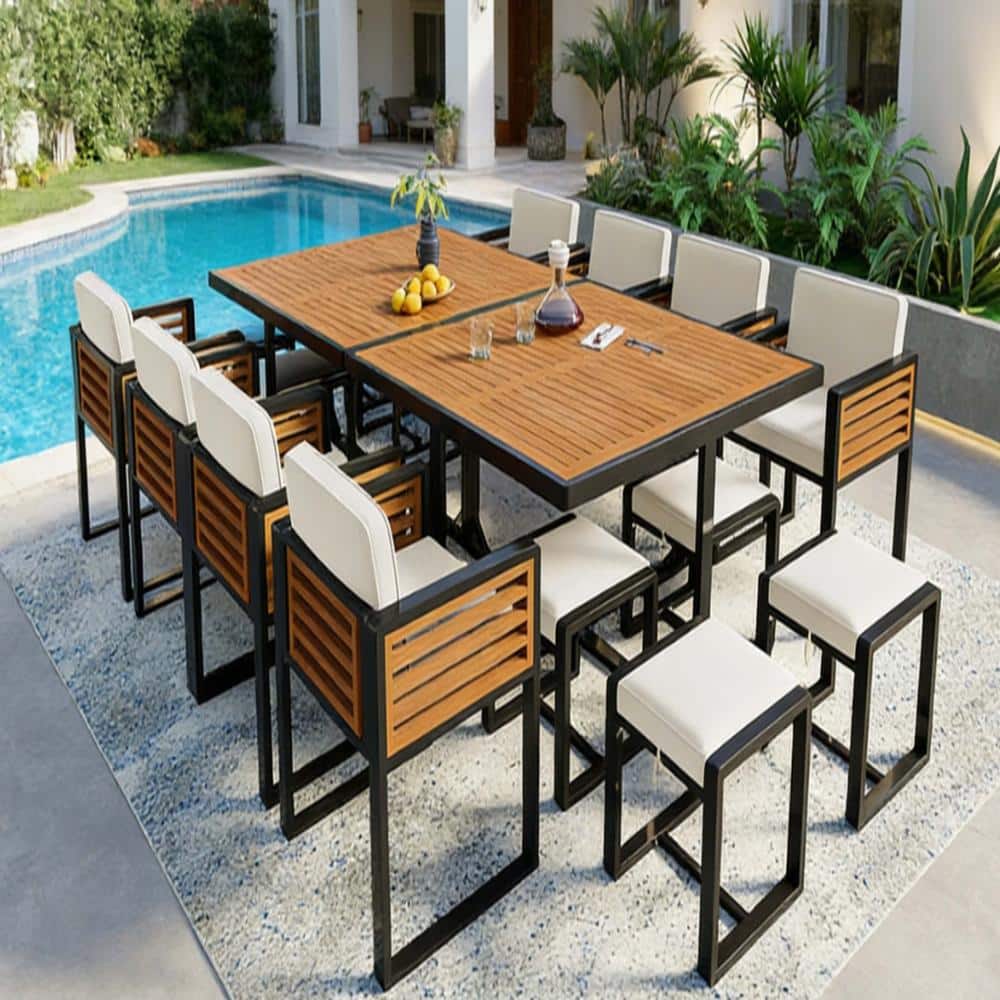 Black 18-Piece Acacia Wood Outdoor Dining Set with Beige Cushions for Poolside, Backyard, Garden