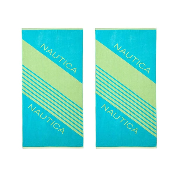 Tilted Logo 2-Piece Azure Blue/Soft Lime Green Cotton Blend Beach Towel Set