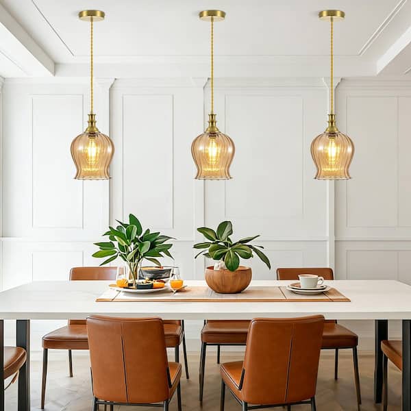 1-Light Amber Ribbed Glass Pendant Lights for Kitchen Island with Antique Brass Finish Over Counter Lights Fixture