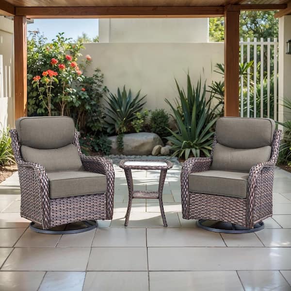 Arcadia Brown 3-Piece Wicker Swivel Rocker Patio Conversation Set with 6 in. Thick Gray Cushions and Side Table