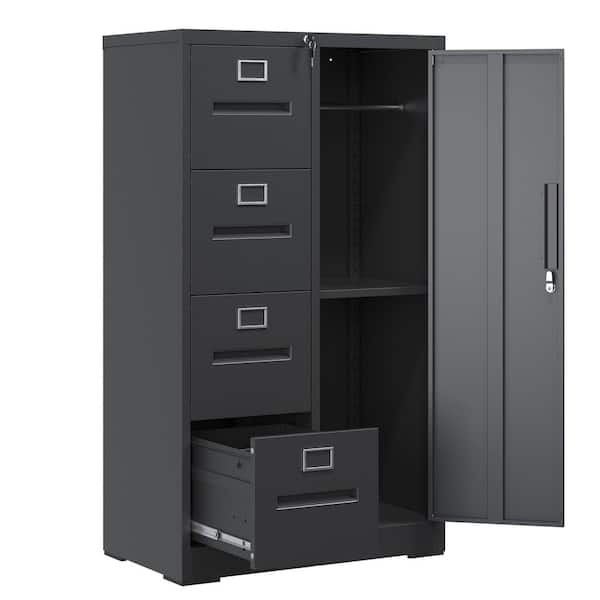 Lockable Steel File Cabinet, 4-Drawers with Side Storage Locker, Black