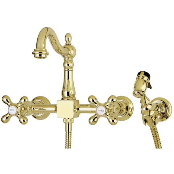 Kingston Brass Heritage 2-Handle Wall-Mount Standard Kitchen Faucet with Side Sprayer in Polished Brass
