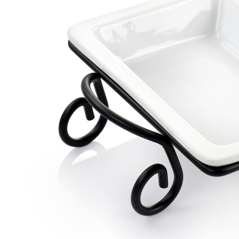 Modern White Porcelain 3-Section Rectangular Serving Tray with Metal Rack