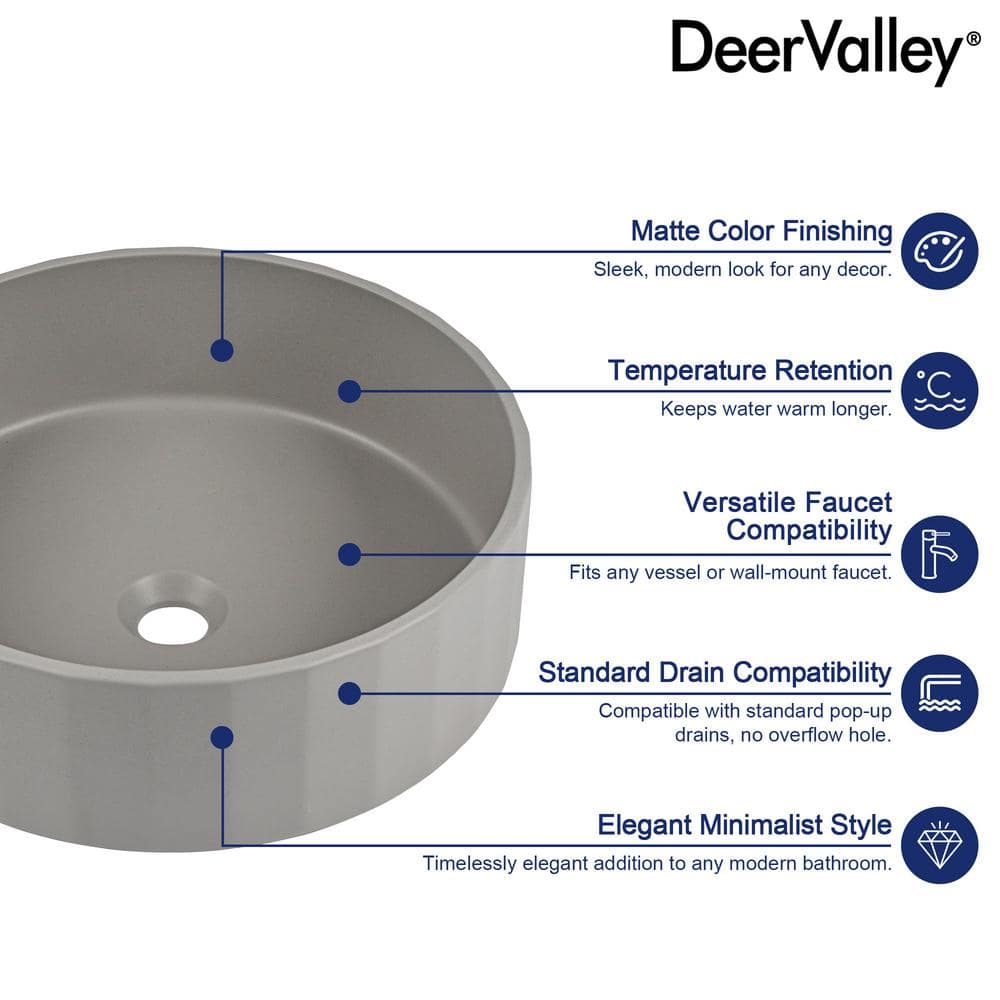 17" Round Light Gray Concrete Above-Counter Bathroom Vessel Sink