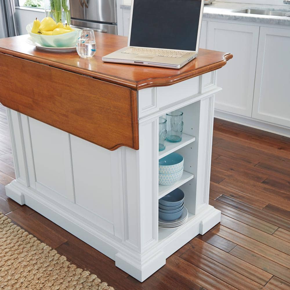 Americana Off-White Distressed Oak Kitchen Island Set with Stools