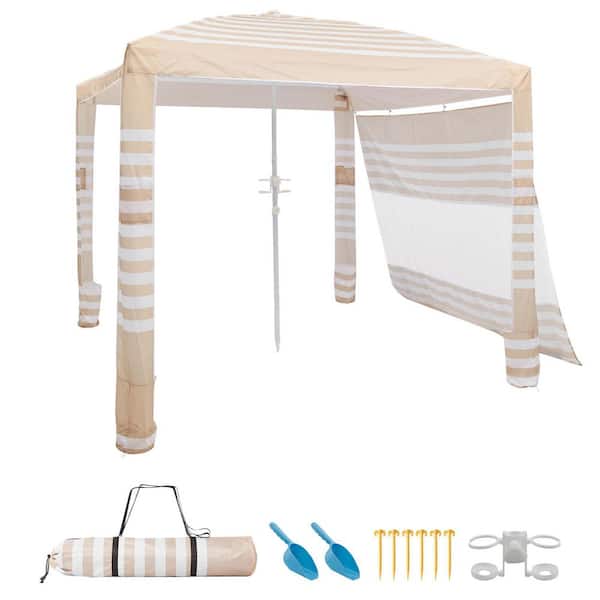 Beach Cabana, Beige Beach Canopy with Side Wall, UPF 50+ Protection Tent w/ Sand Pockets, 8 x 8 ft., 2025 update