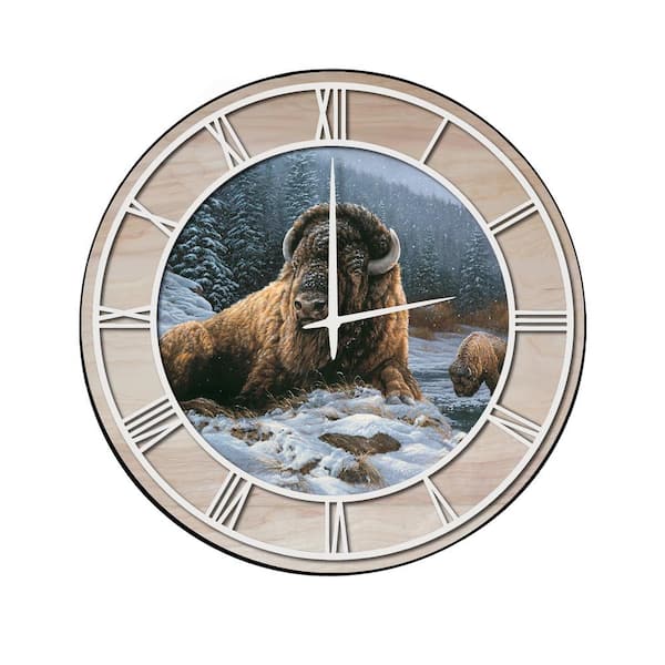 Unbranded "Spirit of the Wild (Bison)" Woodgrain Accent and White Numbers Imaged Wall Clock