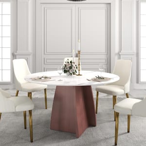 53.15 in. White Sintered Round Stone Tabletop Copper Pedestal Base Kitchen Dining Table (Seats-6)