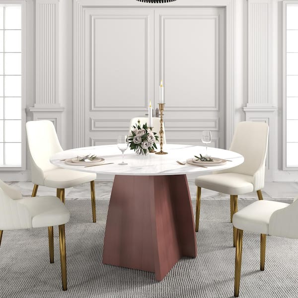 53.15 in. White Sintered Round Stone Tabletop Copper Pedestal Base Kitchen Dining Table (Seats-6)