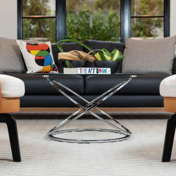 DANYA B Galaxy 31.5 in. Chrome and Tempered Glass Round Abstract