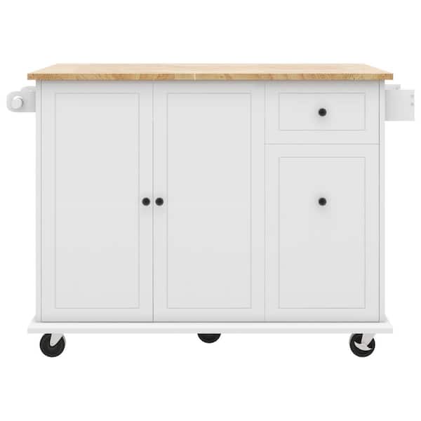 OLUMAT White Wood 53.9 in. W Kitchen Island with Drop Leaf, Internal Storage Rack and 3-Tier Pull Out Cabinet Organizer