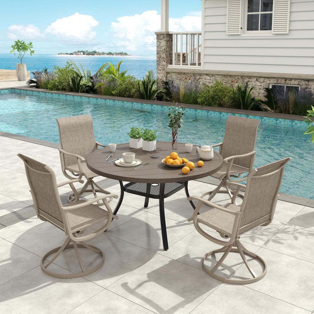 5-Piece Metal Outdoor Dining Set with 40.6 in. Gray Wood-Like Round Table and 4 Sandshell Swivel Chairs price history on PriceWatchPro