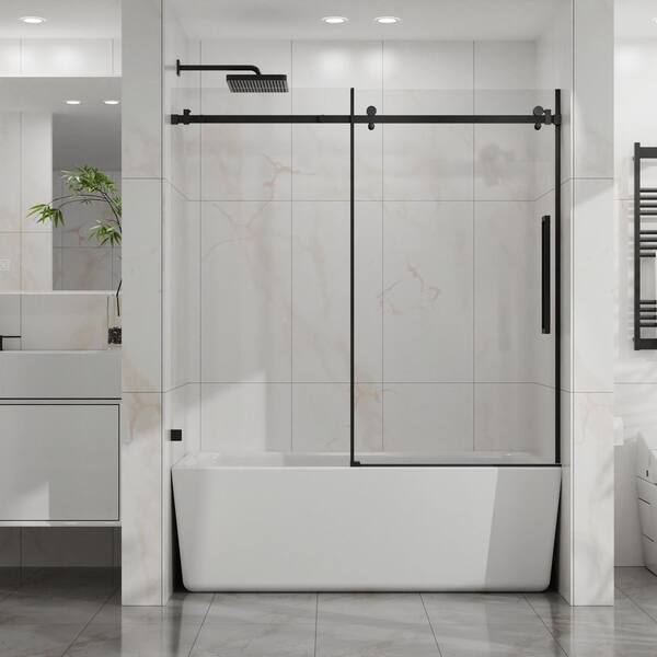 60 in. W x 58 in. H Sliding Tub Door in Matte Black with Clear Glass with Easy-Clean Coating Reversible Installation