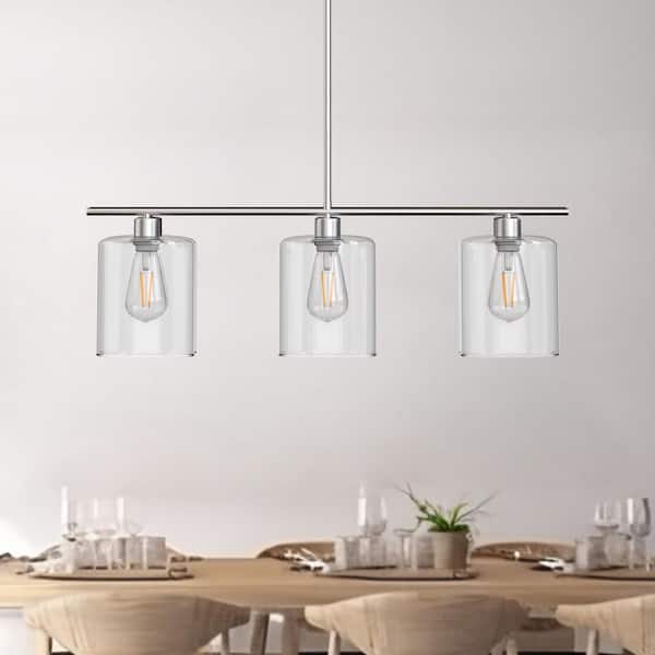 31.5 in 3 Light Brushed Nickel Island Pendant Light with Clear Glass Shades and Adjustable Rods, No Bulbs Included