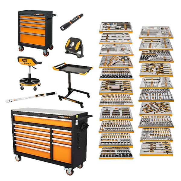 GEARWRENCH MEGAMOD 52 in. x 18 in. 11-Drawer Mobile Workbench Cabinet with Master Mechanics Tool Set in Foam Trays (1,024-Pieces)