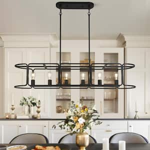 48 in. 6-Light Black Rectangle Island Chandelier Modern Dining Room Hanging Light with Metal Cage Linear Hanging Rods