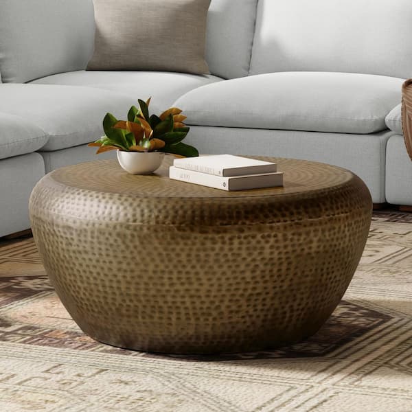 Preston 36 in. Wide Round Metal Coffee Table in Hammered Antique Gold, Assembled