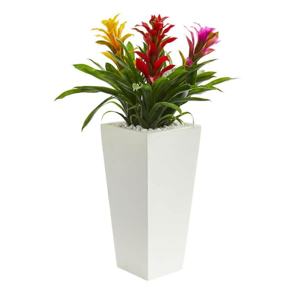Nearly Natural Triple Assorted Bromeliad Artificial Plant in White Tower Planter