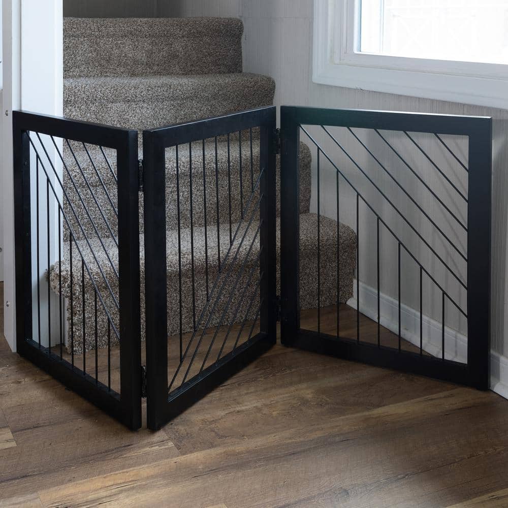 Black Metal Freestanding Foldable Pet Gate for Stairs