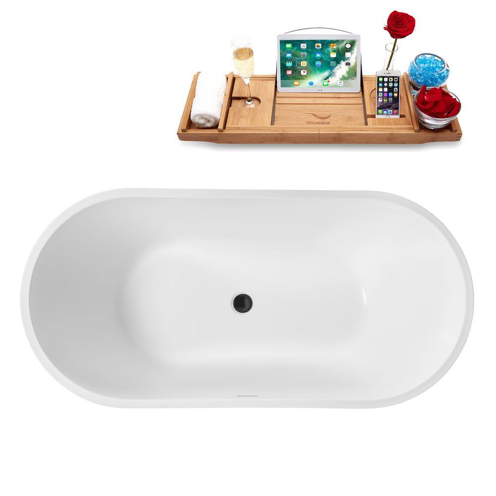 59" Glossy White Acrylic Freestanding Soaking Tub with Tray