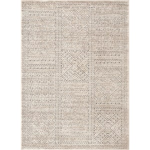 Malaga Lyre Tribal Mosaic Tile-Work Beige 3 ft. 11 in. x 5 ft. 3 in. Distressed High-Low Area Rug