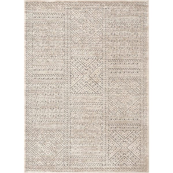 Well Woven Malaga Lyre Tribal Mosaic Tile-Work Beige 3 ft. 11 in. x 5 ft. 3 in. Distressed High-Low Area Rug