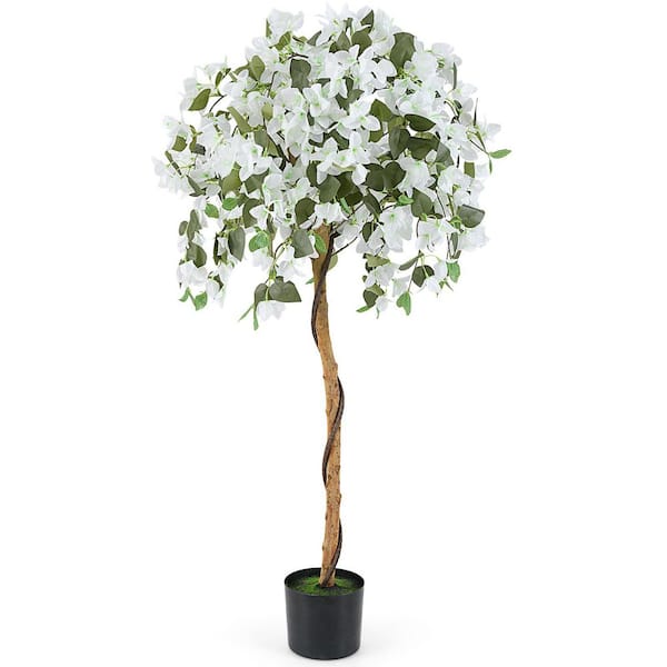 4.5 ft. White and Green Artificial Azalea Tree Plant with Cement Pot for Outdoor and Indoor Decor