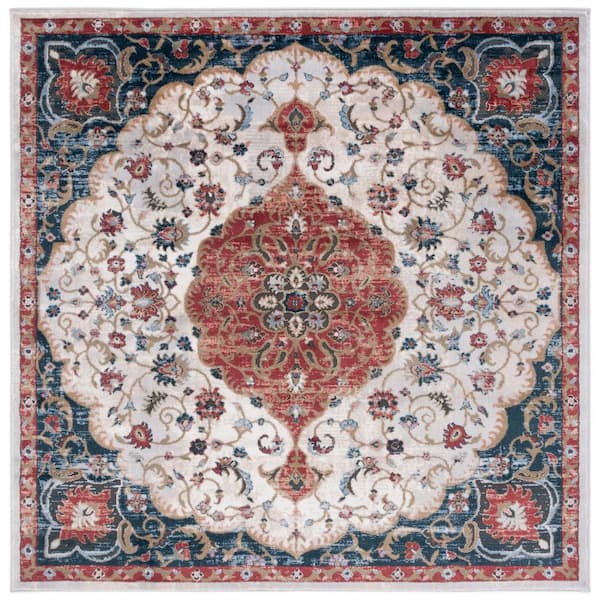 Rosewood 7 ft. x 7 ft. Ivory/Red Medallion Ornate Border Square Area Rug