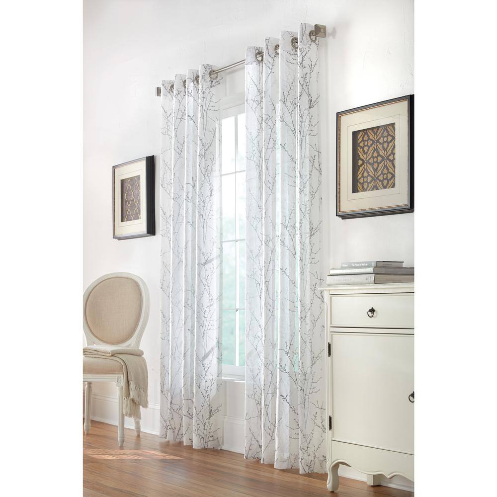 White Polyester Light Filtering Grommet Curtain Panel with Branch Motif