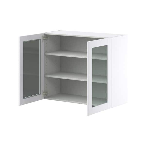 27.56 3-Tier Storage Shelf Glass Door Wall Cabinet with Characteristic Woven Pattern, White - ModernLuxe