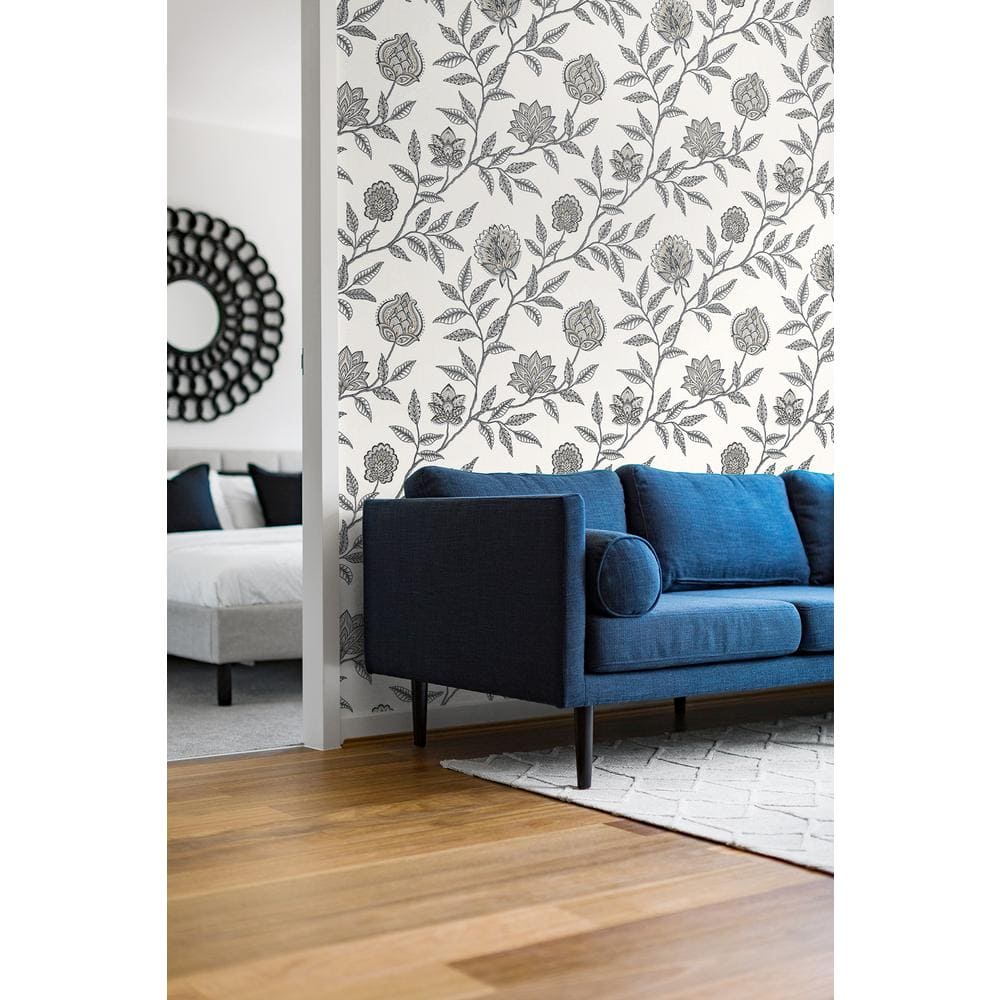 Gray and Black Jacobean Floral Peel and Stick Vinyl Wallpaper