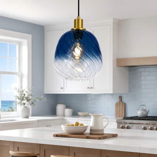 Rayhome 1-Light Blue Pendant Light with Gradient-Tinted Textured Shade for Kitchen Island