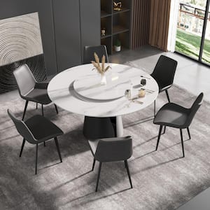 59.05 in. White Modern Round Sintered Stone Tabletop Dining Table With Stainless Steel Base (Seats 8)