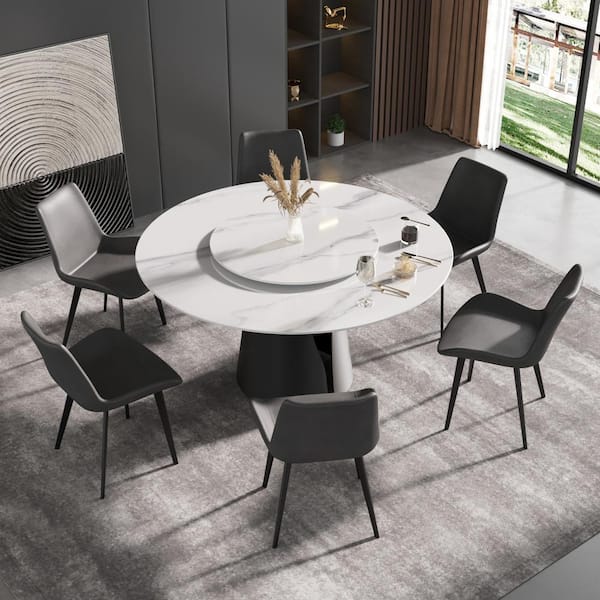 J&E Home 59.05 in. White Modern Round Sintered Stone Tabletop Dining Table With Stainless Steel Base (Seats 8)