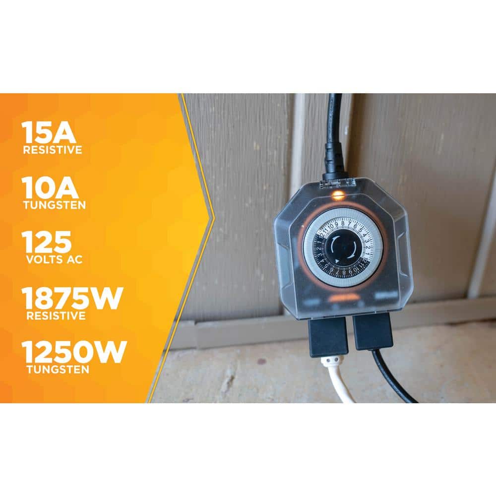 Black Outdoor Mechanical Timer with Safety Cover and 2 Outlets