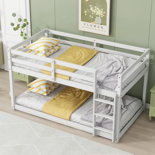 Harper & Bright Designs White Twin over Twin Floor Bunk Bed with Ladder