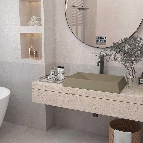27.56 in. L x 18.5 in . W Vessel Concrete Bathroom Sink in Taupe Clay Gray with X Drainage Lines and Matching Drain
