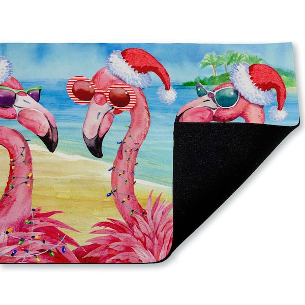 Holiday Flamingo Girlfriends Blue 18 in. x 30 in. Polyester Non-Slip Outdoor Door Mat