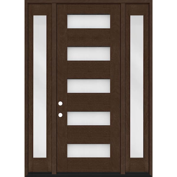 Steves & Sons Regency 64 in. x 96 in. 5L Modern Frosted Glass RH Hickory Stain Mahogany Fiberglass Prehung Front Door w/Dbl 12in.SL