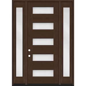 Regency 68 in. x 96 in. 5L Modern Frosted Glass RH Hickory Stain Mahogany Fiberglass Prehung Front Door w/Dbl 14in.SL