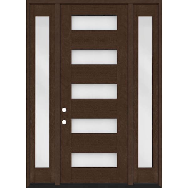 Steves & Sons Regency 68 in. x 96 in. 5L Modern Frosted Glass RH Hickory Stain Mahogany Fiberglass Prehung Front Door w/Dbl 14in.SL