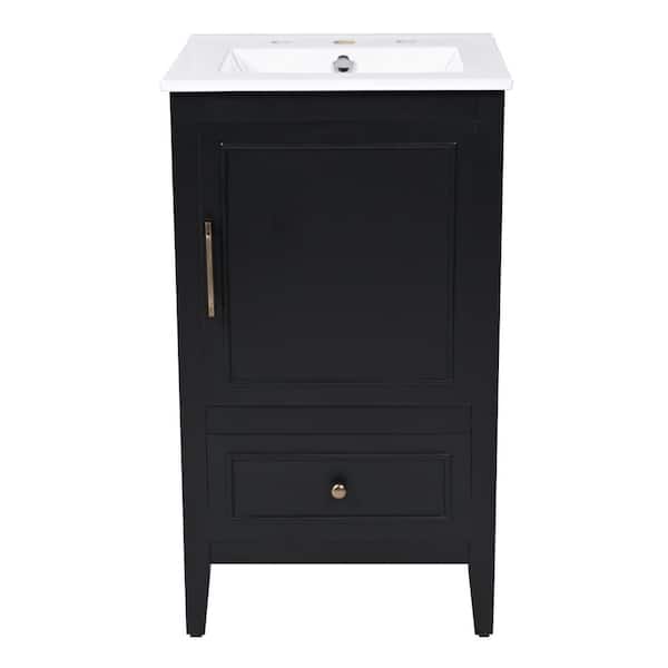 20 in. Single Sink Freestanding Black Bath Vanity with White Ceramic Top Unassembled, Door Shelf Storage and Cabinet