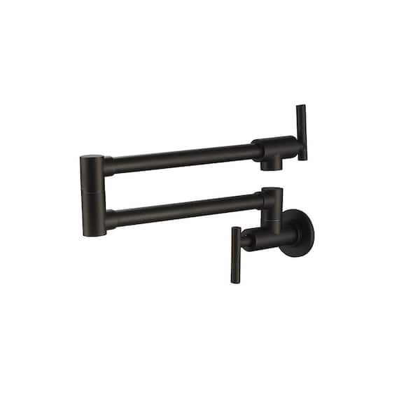 FLG Commercial Wall Mounted Pot Filler with Double Handle Brass Folding Kitchen Sink Faucet in Matte Black