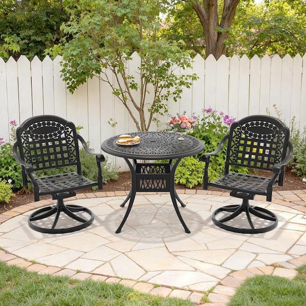 Black 3-Piece Cast Aluminum Patio Outdoor Dining Set with 2 Swivel Rockers with Blue Cushions and 35.43 in. Round Table