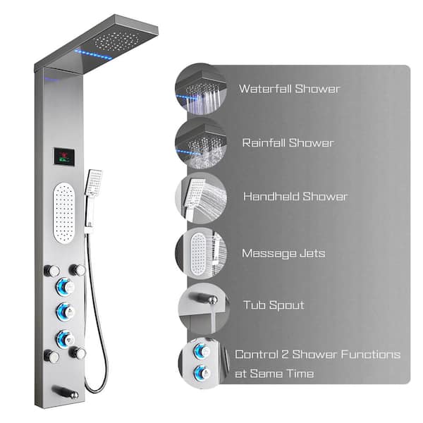 ELLO&ALLO 57 in. 5-Jet Shower Tower Panel System with LED Rainfall Mist Shower Head Shower Wand and Tub Spout in Brushed Nickel