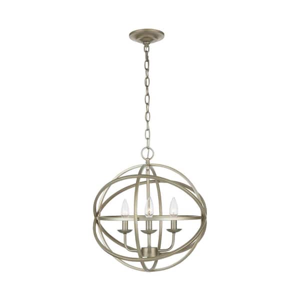 Home Decorators Collection Sarolta Sands 3-Light Antique Silver Leaf Chandelier Light Fixture with Caged Globe Metal Shade