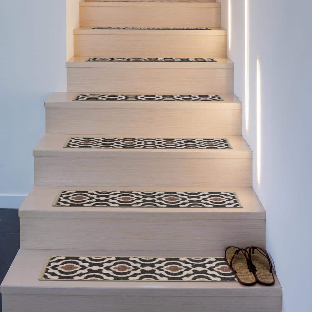Gray and Beige Nylon Moroccan Trellis Non-Slip Stair Treads Set of 4