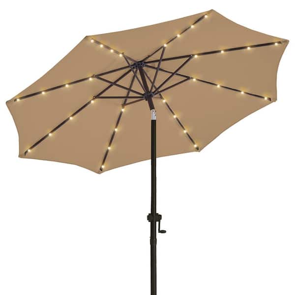 wikiwiki 10 ft. Solar LED Lighted Market Patio Umbrella with Crank and Tilt in Tan